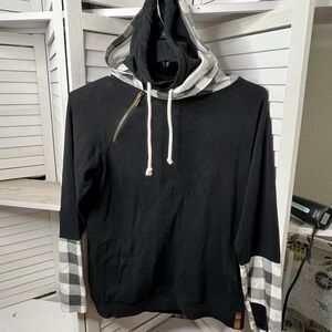 Ampersand Avenue Women's DoubleHood Sweatshirt Black White w/ Thumb‎ Holes Sz L